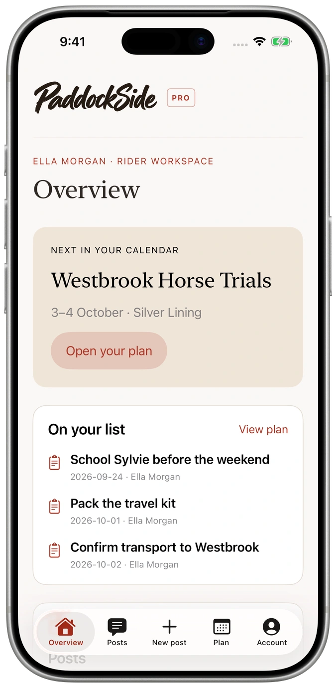 The PaddockSide Pro iOS overview with an upcoming competition and team tasks.